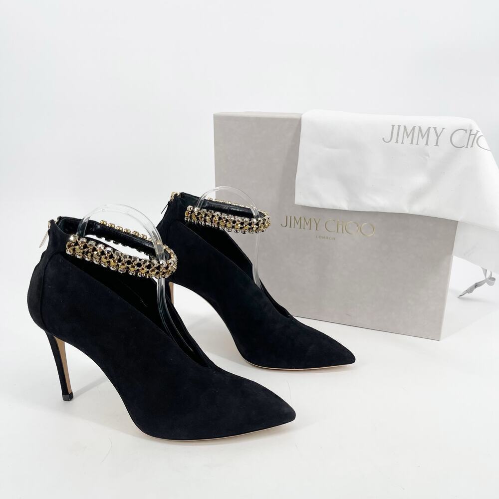 NWB Jimmy Choo Lux 100 Black Suede Gold Crystal Ankle Strap Bootie Heels IT 41